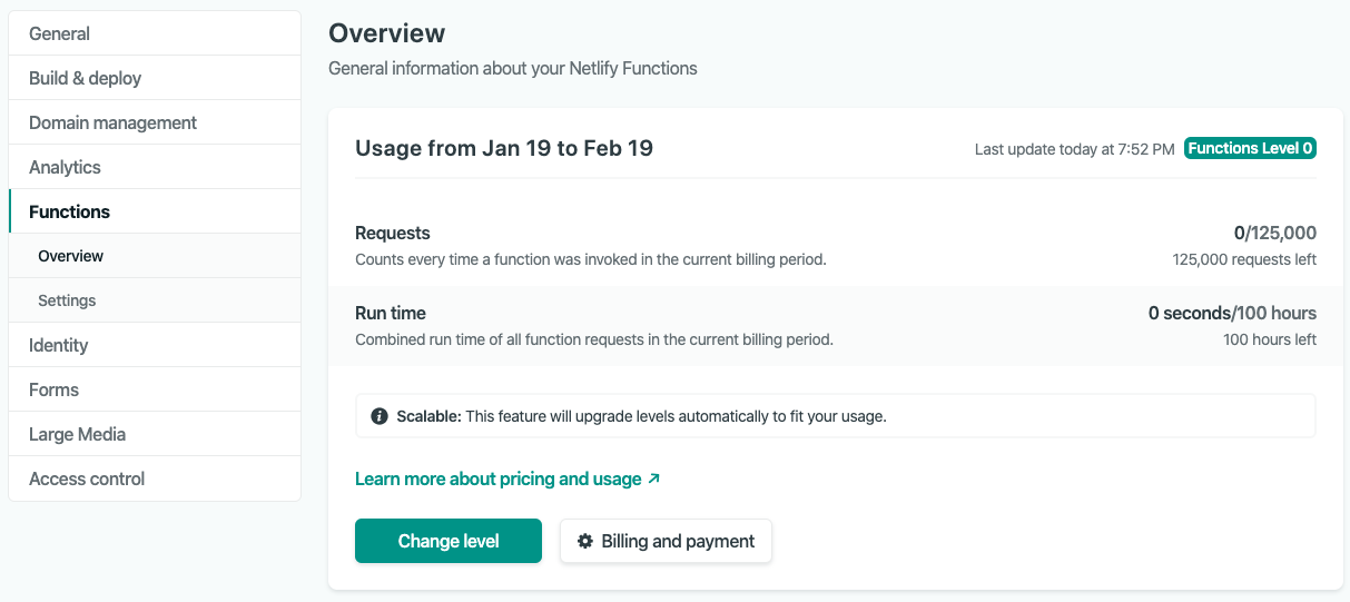Netlify Functions Settings